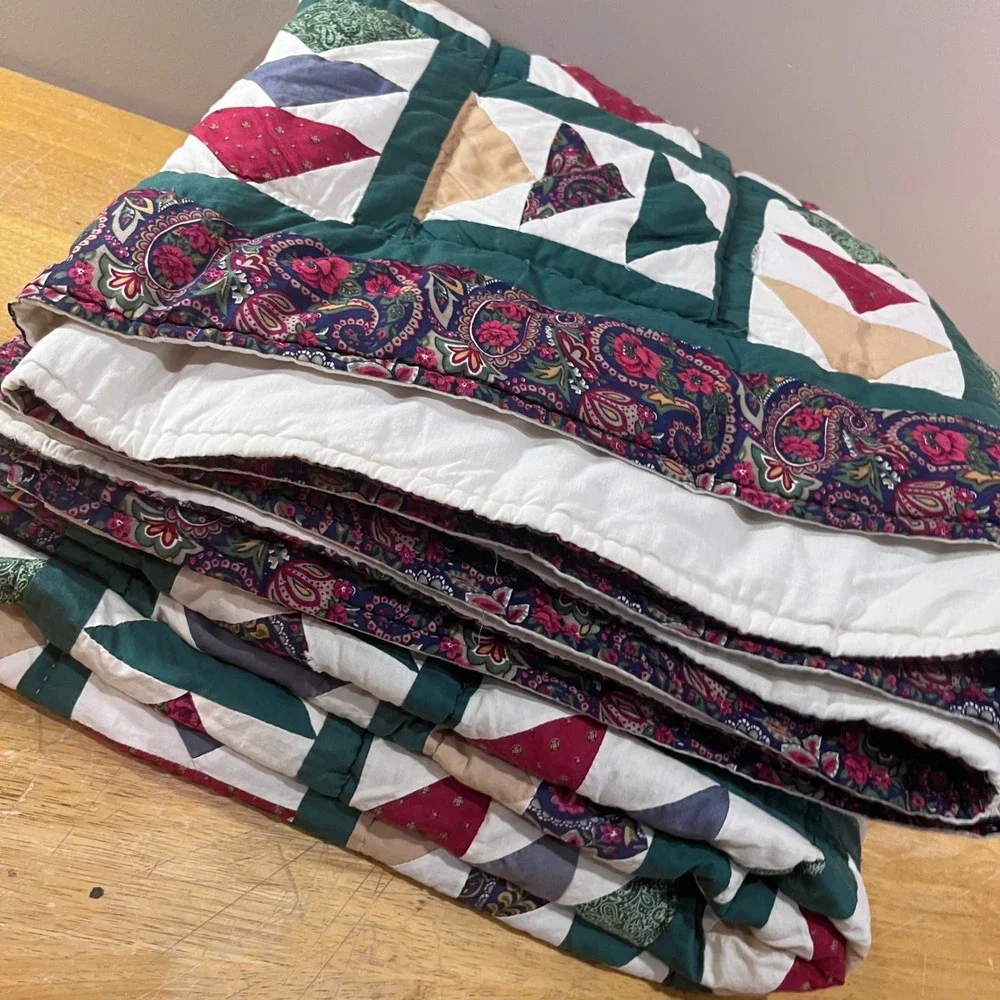 Vtg Flying Geese Patchwork Quilt Handmade Green Paisley Floral 82x84 Farmhouse